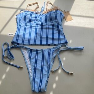 Samiol Blue Striped Adjustable Strap Lined Shell Beads Tankini Bikini Set Size M